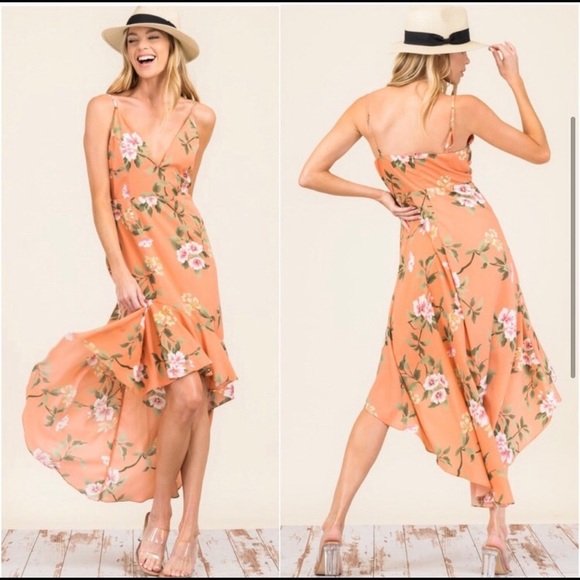 Apricot pink peach women’s summer high low dress - Picture 2 of 4